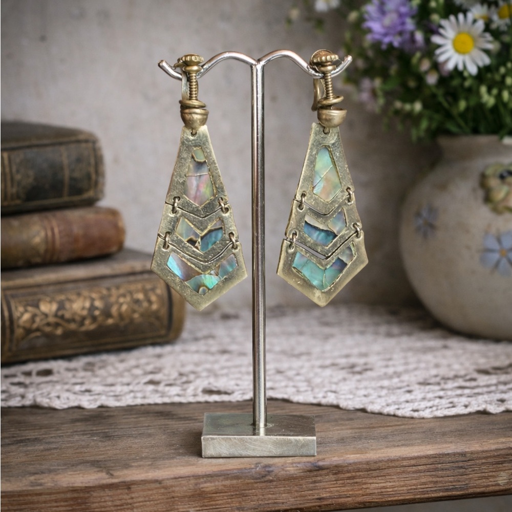Vintage Sterling Silver Abalone Shell Dangle Screw Back Earrings, Stamped “925”